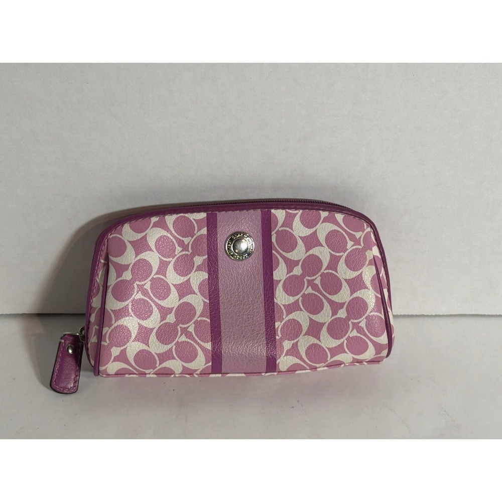 Coach Signature C Cosmetic Pouch Pink Purple Stripe Coated Canvas Makeup Bag